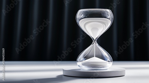 A close-up of a delicate hourglass slowly vanishing into thin air, resting on a sleek grey table. The dark, empty background emphasizes the fleeting nature of time