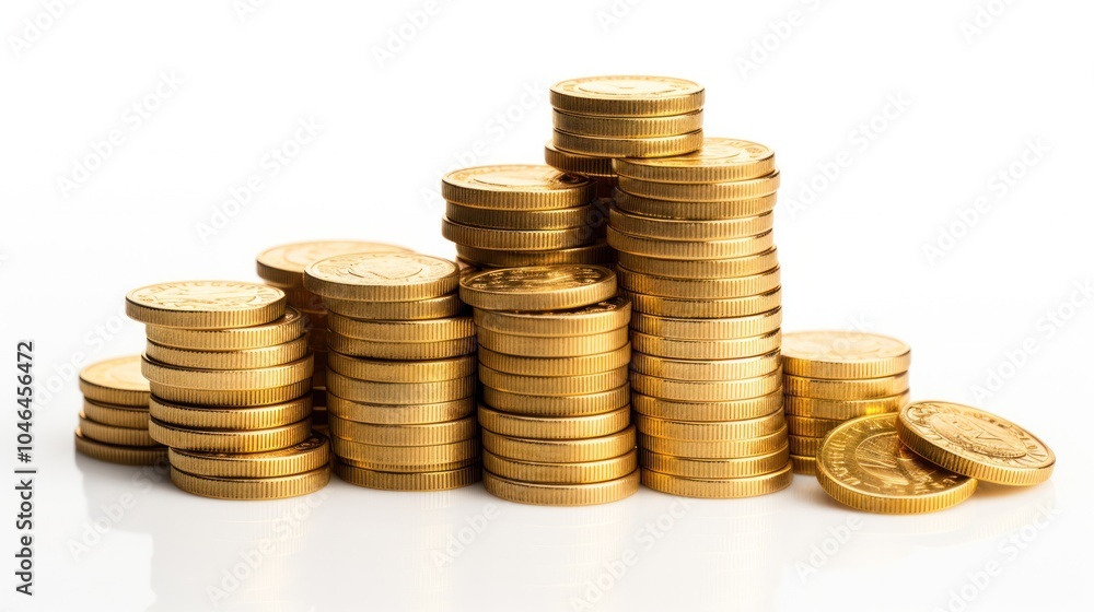 A stack of golden coins growing incrementally from left to right, A stack of golden coins growing incrementally from left to right,