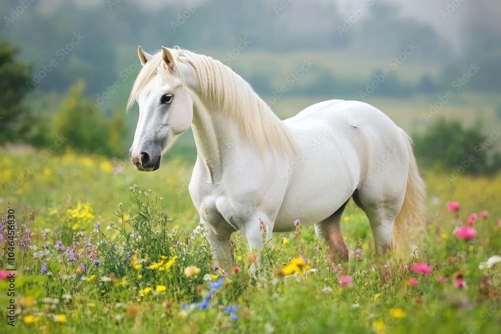 A beautiful white horse with a braided mane standing in a lush green field, surrounded by colorful wildflowers, representing the purity and grace of these majestic creatures in nature.