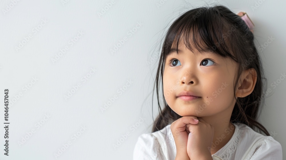 Adorable Young Girl with Thoughtful Expression Against White Background Adorable Young Girl with Thoughtful Expression Against White Background