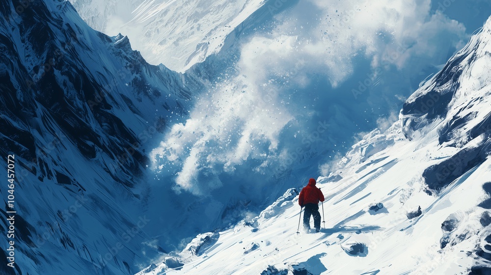 Person in red jacket facing snow avalanche in mountains, symbolizing danger and emergency response. Person in red jacket facing snow avalanche in mountains, symbolizing danger and emergency response.