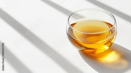 A minimalist scene with a transparent glass cup filled with hot green tea, delicate steam spirals, casting gentle shadows on a pure white surface