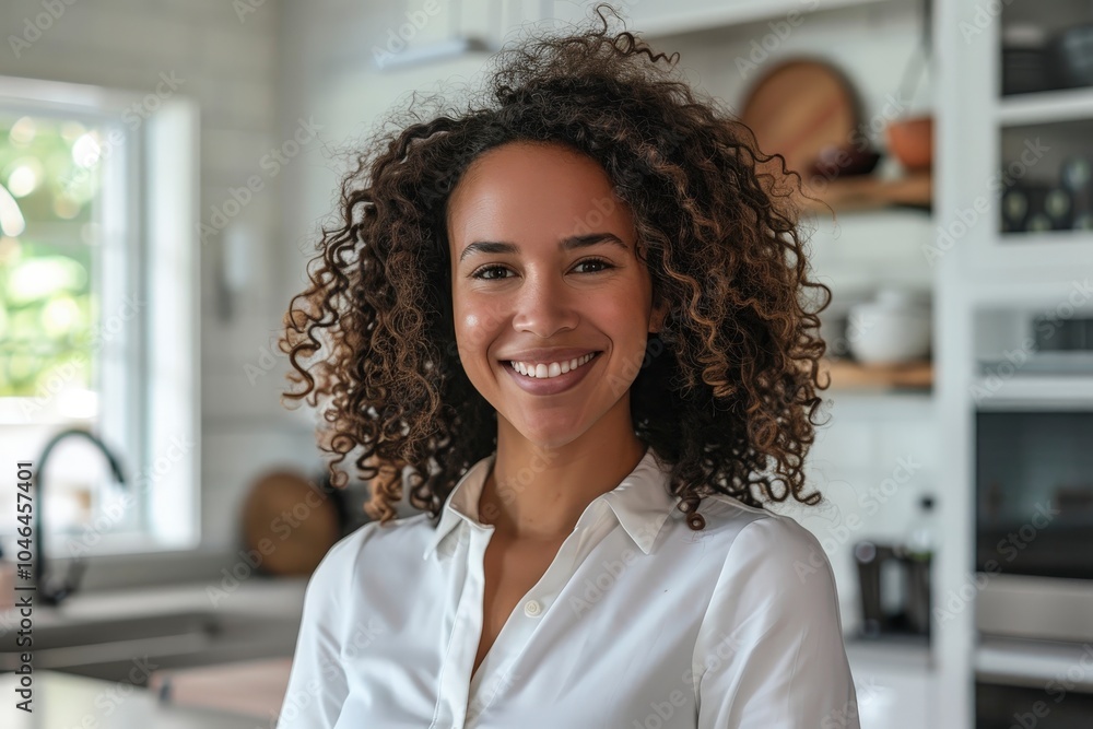 A smiling woman with curly hair in a modern kitchen setting. A smiling woman with curly hair in a modern kitchen setting.