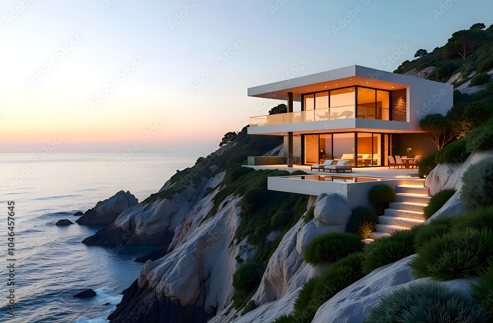 Fototapeta premium modern villa embedded into the side of a cliff by the sea
