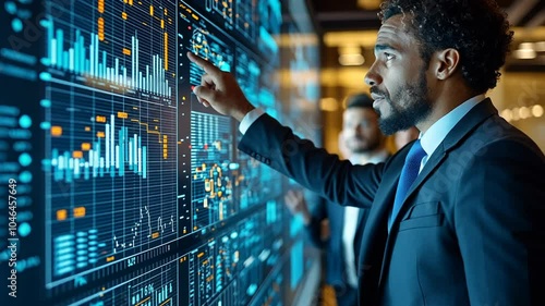 Businessman analyzing financial data on a digital screen in a modern office