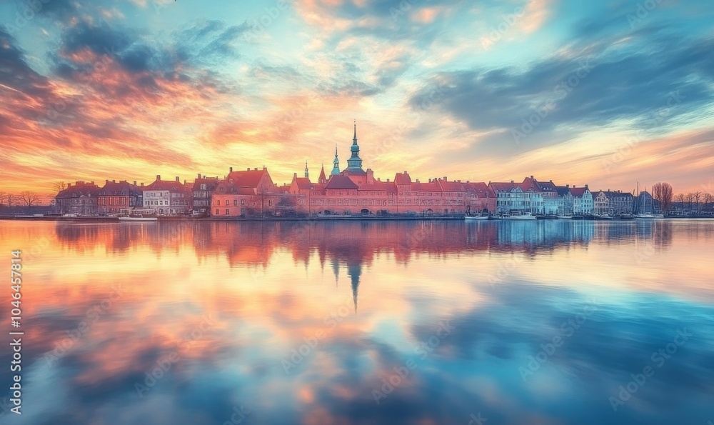 Naklejka premium Frederiksborg Castle, in the town of Hillered on Lake Slotsse. Panorama. Denmark. XVI century. Copenhagen, Denmark, Europe