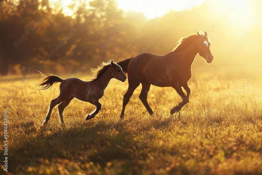 A foal running alongside its mother in a sunlit pasture, with a playful and joyful atmosphere, showcasing the bond and energy of the young horse and its parent. A foal running alongside its mother in a sunlit pasture, with a playful and joyful atmosphere, showcasing the bond and energy of the young horse and its parent.