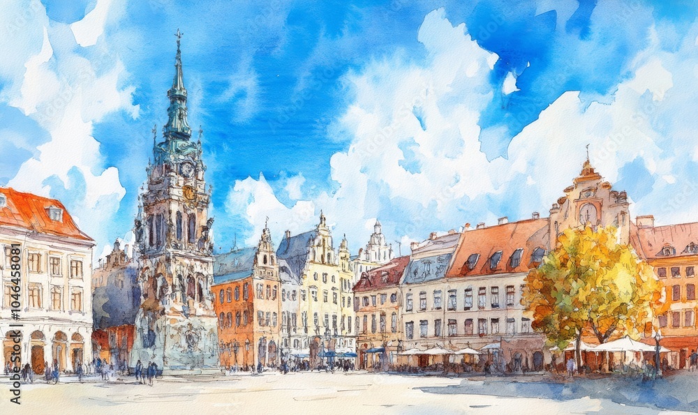Fototapeta premium Watercolor View of the Old Town Ratslaukums square, Roland Statue, The Blackheads House and St Peters Cathedral against blue sky in Riga, Latvia. Summer sunny day