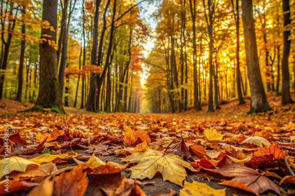 Forest floor scattered with autumn leaves, selectively focused panoramic Forest floor scattered with autumn leaves, selectively focused panoramic