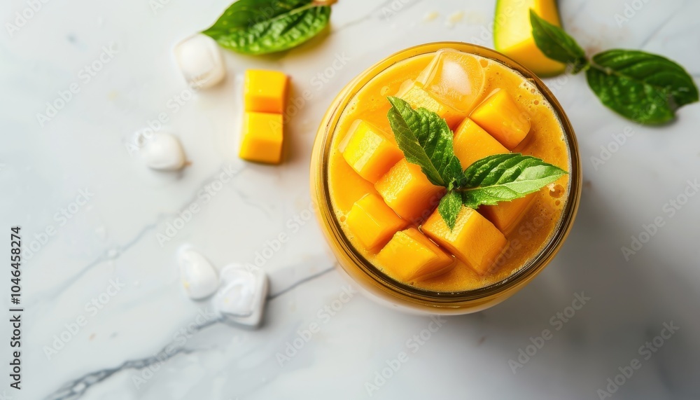 Healthy vitamin drink with mango yogurt milk ice cubes in Mason jar on marble table Top view selective focus Healthy vitamin drink with mango yogurt milk ice cubes in Mason jar on marble table Top view selective focus