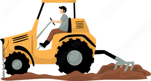 Vector Illustration of Farmer Plowing the Fields with Tractors