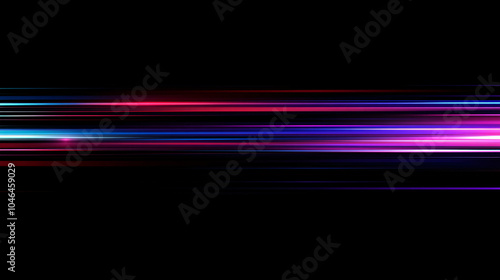 Neon futuristic flashes on black background. Motion light lines backdrop. For banner, postcard, illustration. Blur neon light. Lens flare overlay. Bokeh fluorescent flash gleam.
