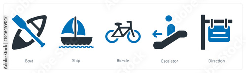 A set of 5 summer and travel icons as boat, ship, bicycle