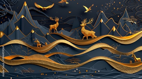 Mystical Golden Deer in Dark Mountain Landscape photo