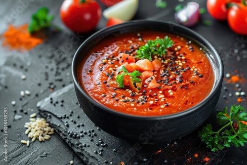 Homemade creamy red lentil and tomato chowder with vegetables and grains in black bowl photo