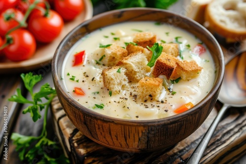 Homemade vegetable cheese soup with croutons fresh organic cream soup for a healthy vegetarian meal