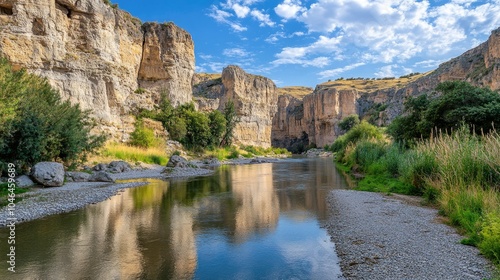 Scenic River Amidst Majestic Cliffs and Blue Sky