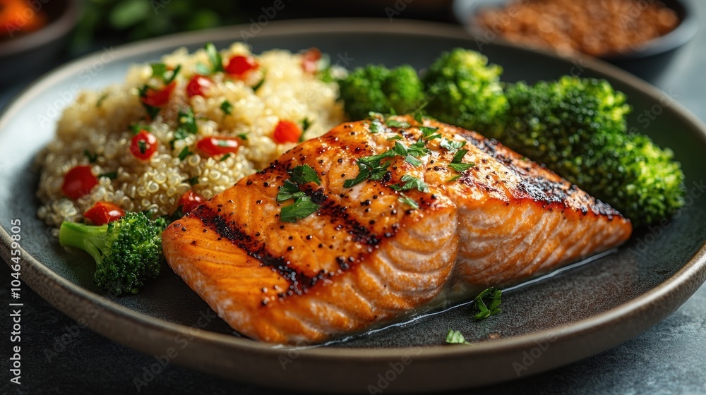 Grilled salmon with quinoa and broccoli on a plate. Grilled salmon with quinoa and broccoli on a plate.