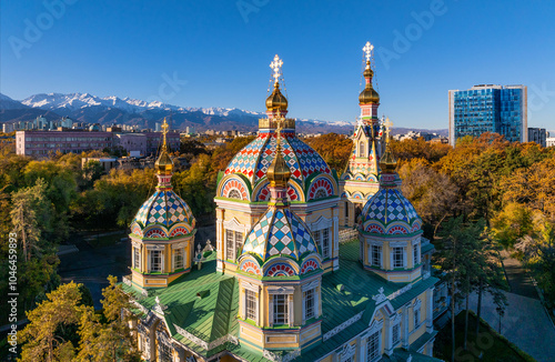 View from a quadcopter of the wooden Ascension Cathedral, built in 1907, on a sunny autumn morning in the Kazakh city of Almaty
