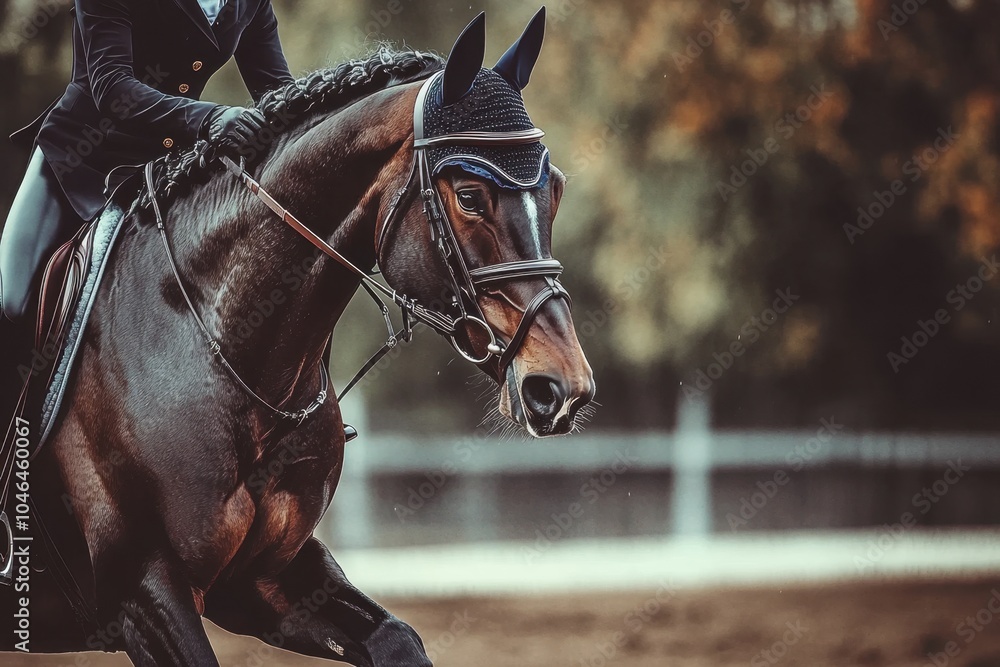 Obraz premium A horse and rider performing a dressage routine in an arena, with the horse gracefully executing intricate movements, showcasing the skill and elegance of this equestrian sport.