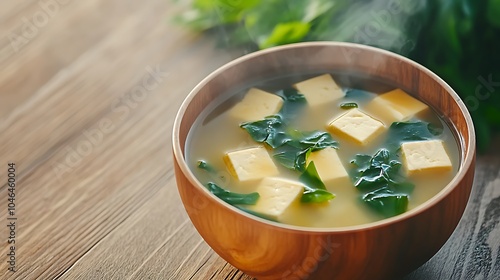 A warm bowl of miso soup with creamy miso base, soft tofu cubes, and floating pieces of green seaweed. The soup emits steam, and the colors create a harmonious, inviting appearance. photo