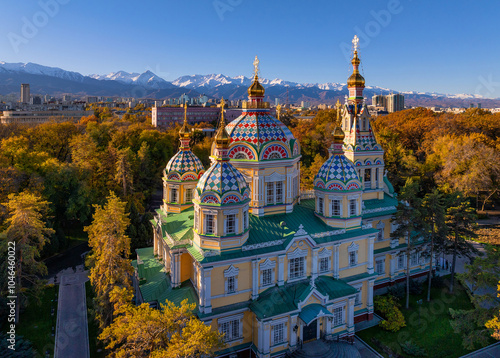 View from a quadcopter of the wooden Ascension Cathedral, built in 1907, on a sunny autumn morning in the Kazakh city of Almaty