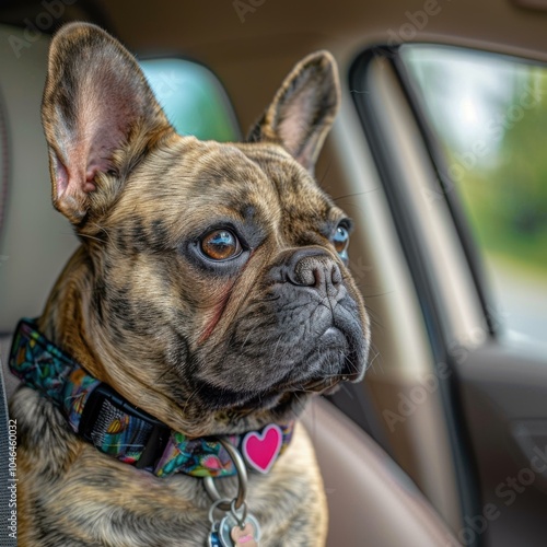 A French Bulldog with a curious gaze looks out the window. AI.