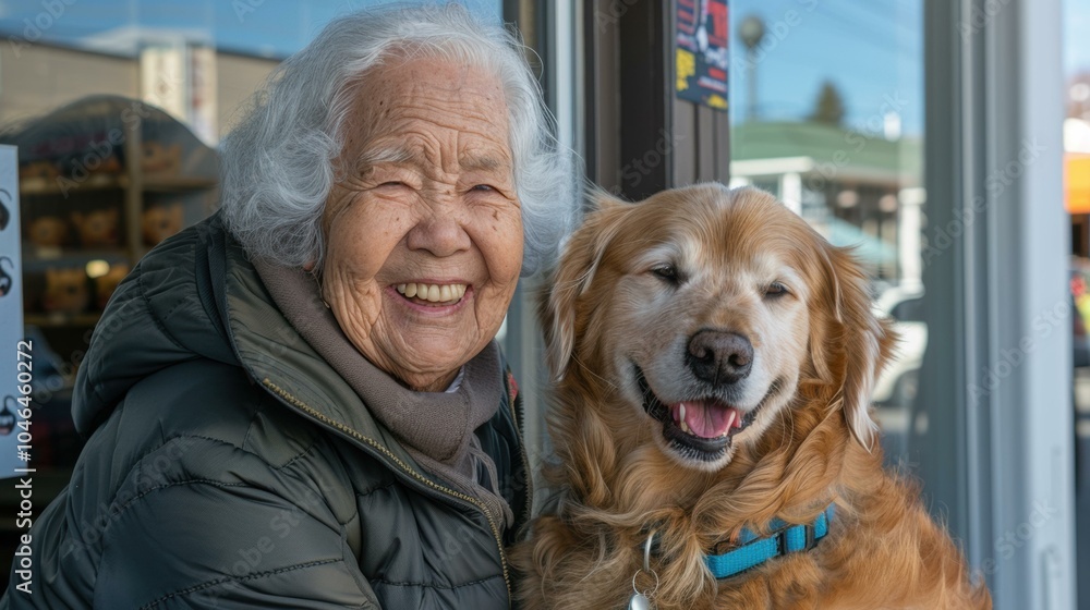 A woman smiles as she pets her dog. AI. A woman smiles as she pets her dog. AI.