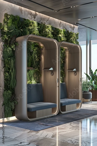 Modern seating area with a green wall. AI.
