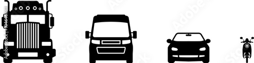 Car icon. Scooter, car, van, truck and other vehicles collection. Transport icons. Automobile silhouette. Front and side view car symbol. Sharing or delivery icons for apps and websites vector  .