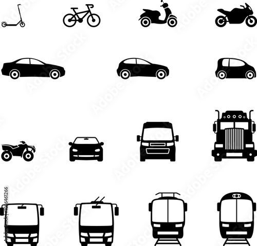 Car icon. Scooter, car, van, truck and other vehicles collection. Transport icons. Automobile silhouette. Front and side view car symbol. Sharing or delivery icons for apps and websites vector  .