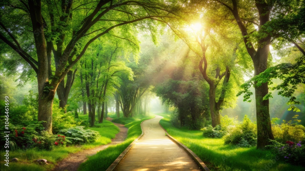 Fototapeta premium Enchanted Pathway in a Park: Serene Nature Walk, Lush Greenery, Tranquil Atmosphere, Double Exposure Effect, Dreamy Forest, Scenic Trail, Peaceful Escape, Natural Beauty