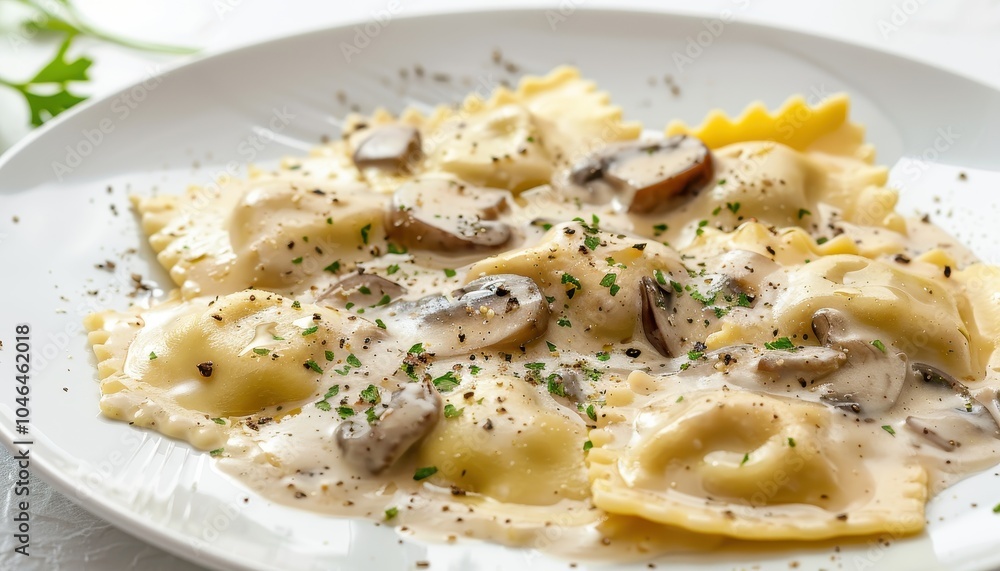 Italian ravioli with porcini mushrooms and creamy sauce on white plate served in a restaurant Italian ravioli with porcini mushrooms and creamy sauce on white plate served in a restaurant