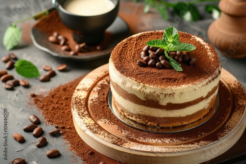 Italian dessert with mascarpone cream mint and cocoa powder Tiramisu photo