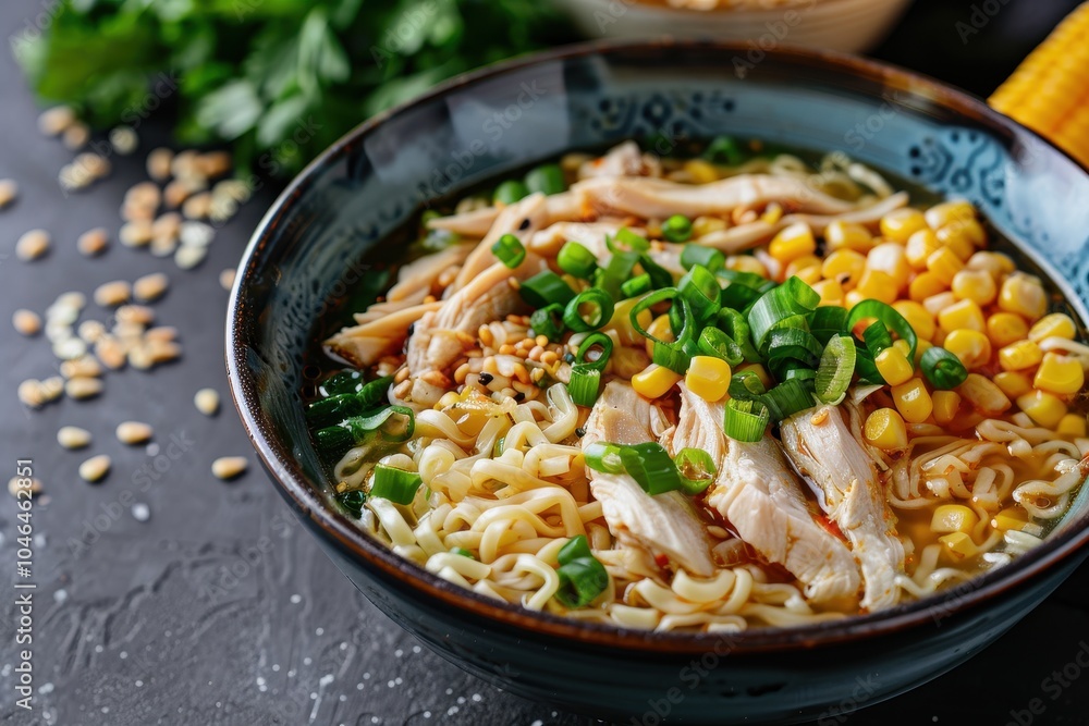 Japanese ramen soup with chicken corn scallions rice noodles Japanese ramen soup with chicken corn scallions rice noodles