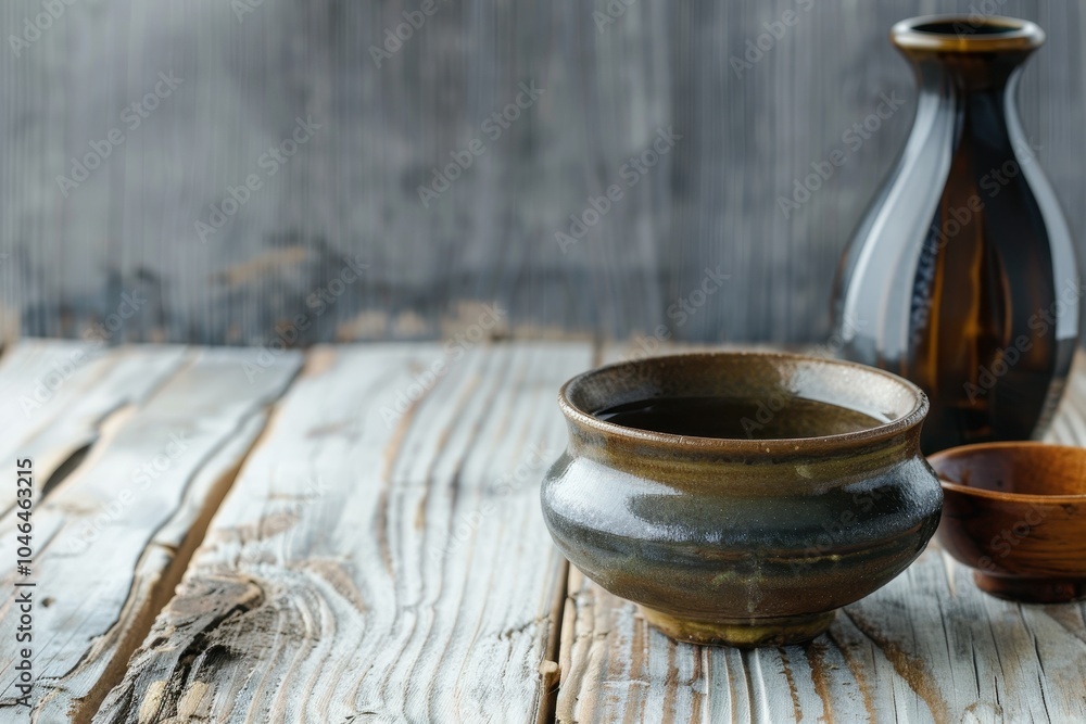 Japanese sake on old wooden table with white background left side space Japanese sake on old wooden table with white background left side space
