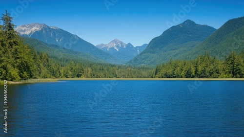 Serene Lake Amidst Majestic Mountains and Lush Forests