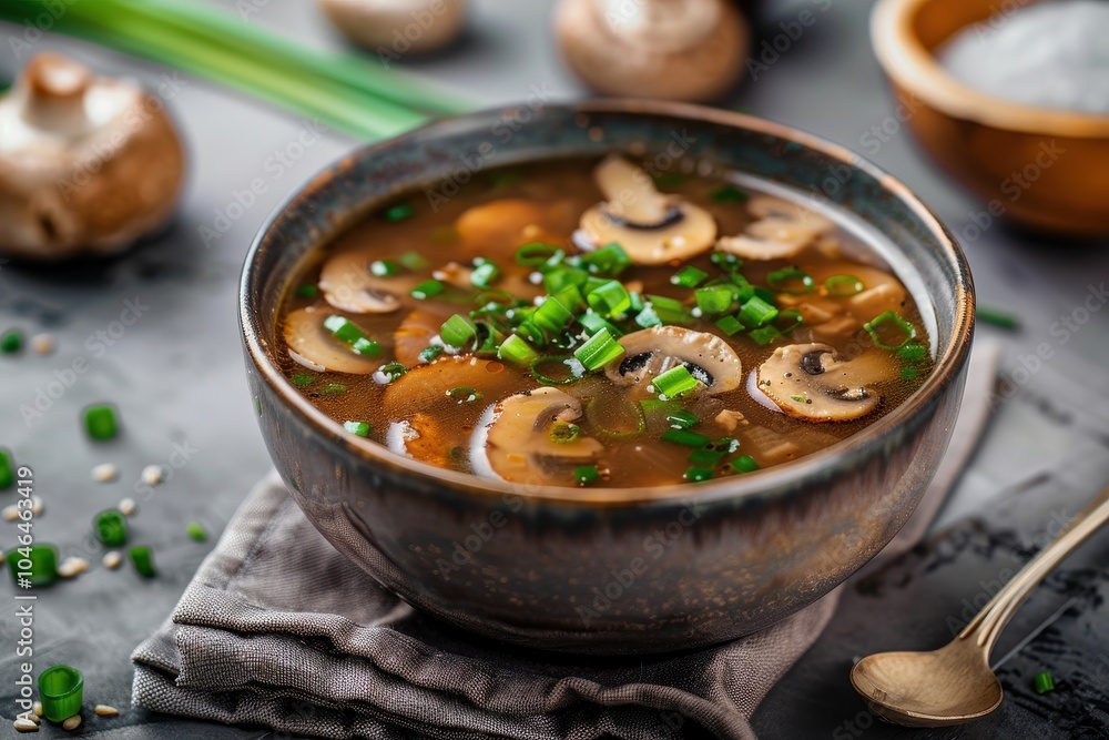 Japanese shimeji soup with chive a vegan Asian dish Japanese shimeji soup with chive a vegan Asian dish