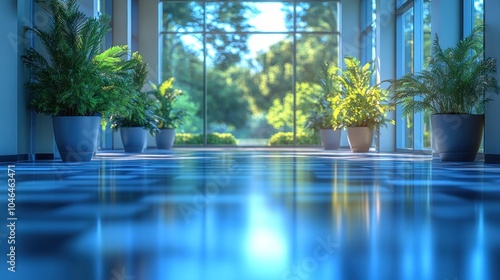 Bright hallway with potted plants and large windows.