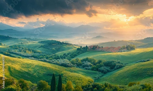 A serene landscape featuring rolling hills, lush greenery, and a dramatic sunset sky.