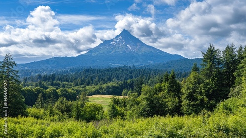 Majestic Mountain with Lush Greenery and Blue Skies