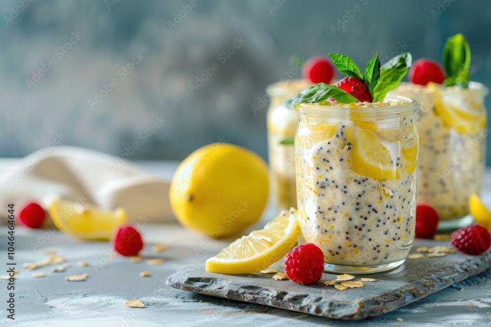 Lemon poppy seed overnight oats in jars with space for text Lemon poppy seed overnight oats in jars with space for text