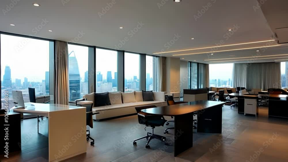 A modern office space with large windows showcasing a city skyline, designed for productivity and comfort with a sleek aesthetic. A modern office space with large windows showcasing a city skyline, designed for productivity and comfort with a sleek aesthetic.