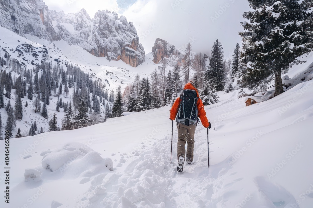 Man hiking in snowy mountains in Italy Man hiking in snowy mountains in Italy