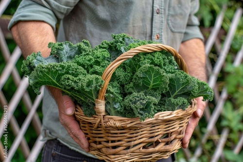 Man offering basket of fresh kale in garden setting winter green Superfoods