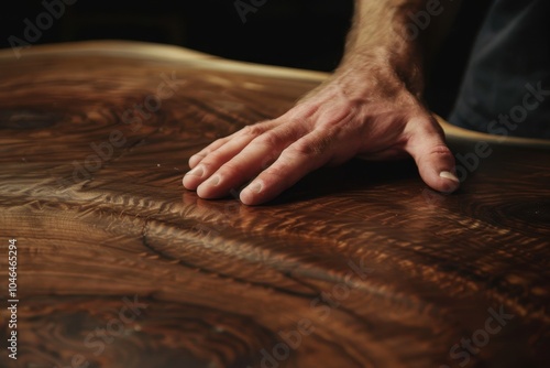 Man s hand touches black walnut dining table slowly photo