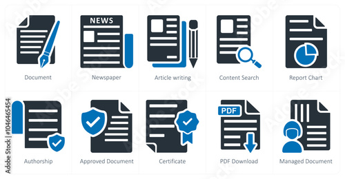 A set of 10 business icons as document, newspaper, article writing