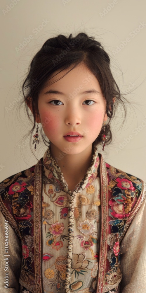 Asian girl wearing a traditional Tibetan chuba Asian girl wearing a traditional Tibetan chuba