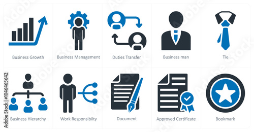 A set of 10 business icons as business growth, business management, duties transfer