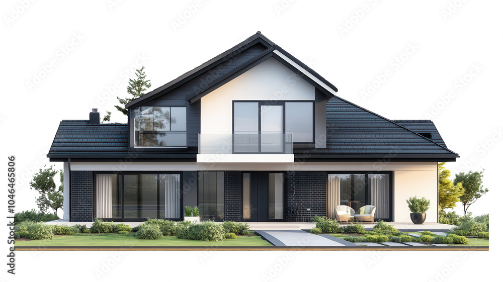 Modern two-story house with large windows and landscaped garden in a suburban neighborhood during the day. Modern two-story house with large windows and landscaped garden in a suburban neighborhood during the day.